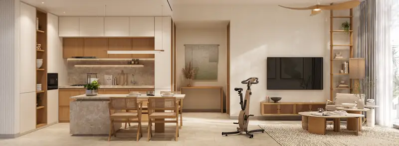 Kore by Imtiaz apartment interior: oak kitchen with stone island, dining table, exercise bike and living area in warm