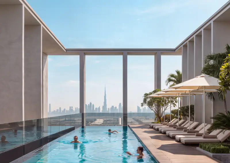 Rooftop leisure pool at Kore by Imtiaz with sun loungers and a framed view of Burj Khalifa and Downtown Dubai